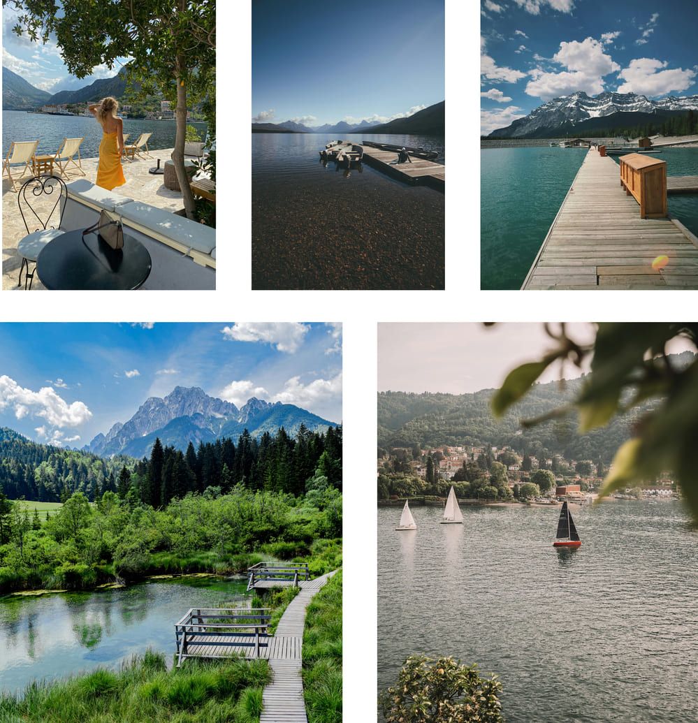 Ce texte décrit un collage de cinq photographies de paysages naturels et aquatiques. Il détaille chaque image : une femme devant un lac montagneux, un lac avec une jetée et des bateaux, un autre lac avec une jetée et des montagnes enneigées, une scène de nature avec une rivière et des montagnes, et enfin un lac avec des voiliers et un village en arrière-plan.